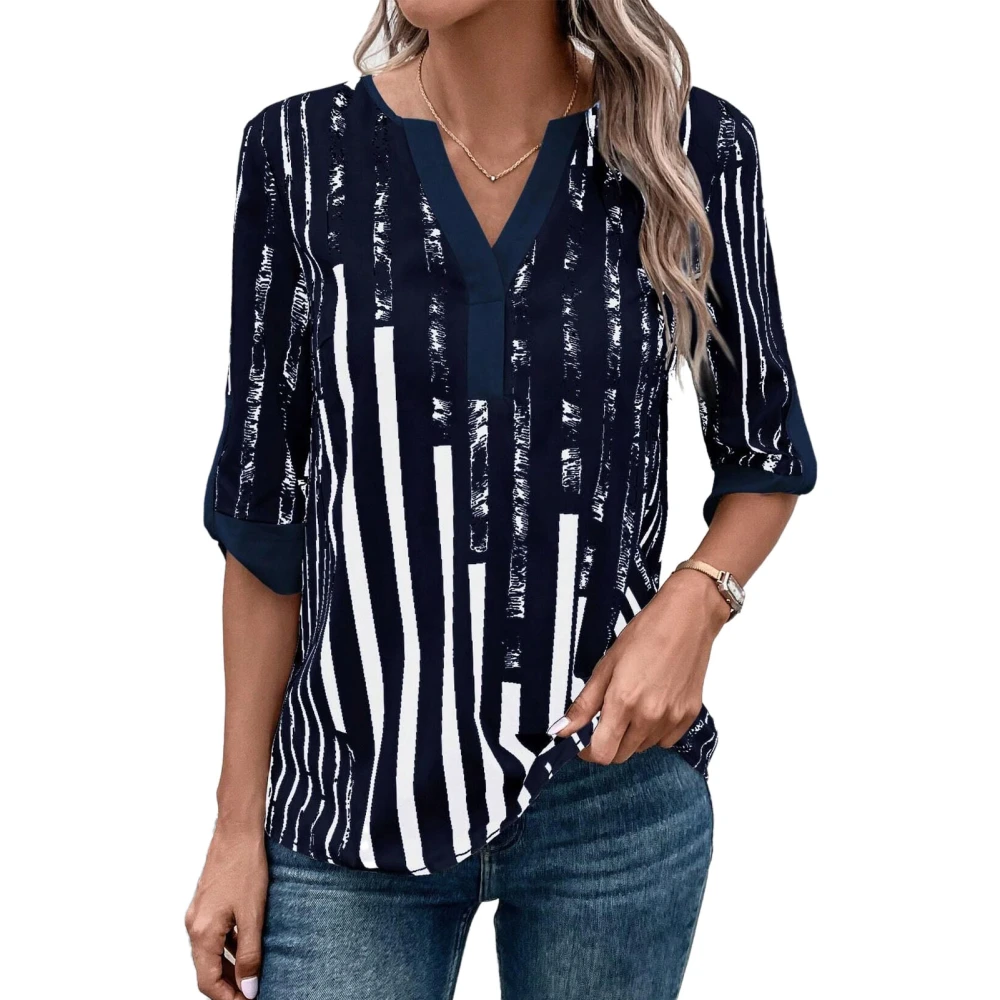 Stripe Printed V Neckline Blouse Color Block Half Sleeve Stripe Blouse Shirt for Women Navy Blue L