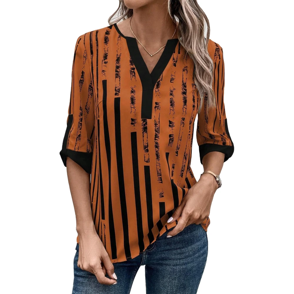 Stripe Printed V Neckline Blouse Color Block Half Sleeve Stripe Blouse Shirt for Women Red Orange L