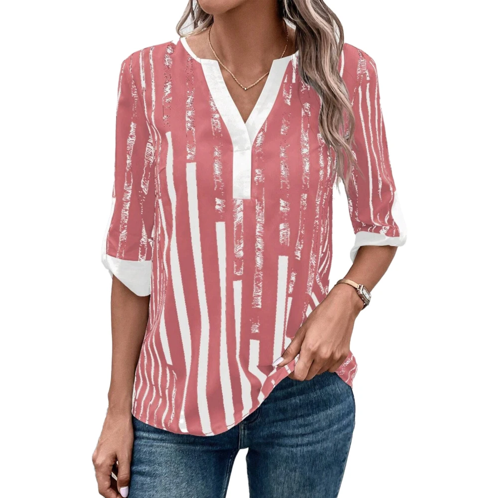 Stripe Printed V Neckline Blouse Color Block Half Sleeve Stripe Blouse Shirt for Women Pink M