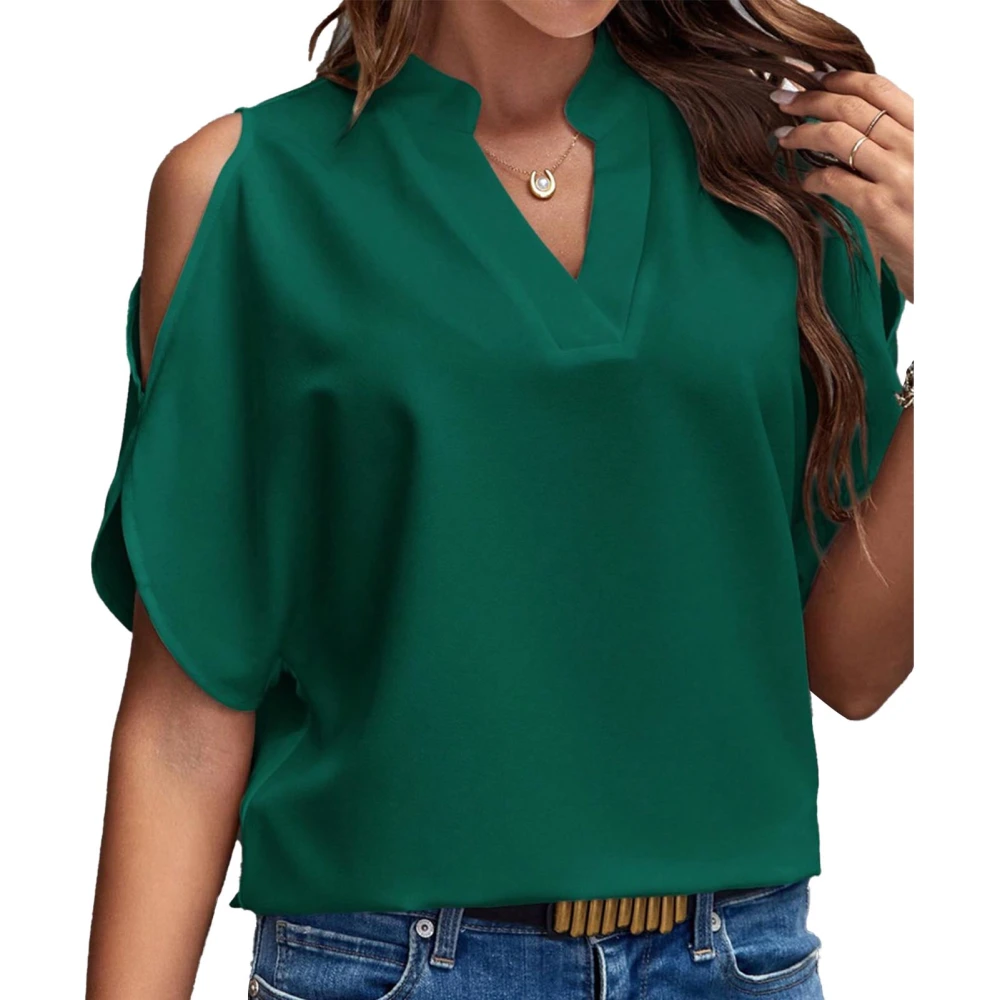 Women Cold Shoulder Blouse V Neck Solid Color Casual Loose Elegant Short Sleeve Summer Blouse Dark Green M