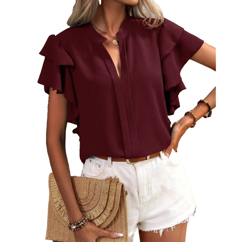 Women Blouse V Neck Double Layered Ruffle Sleeve Pure Color Casual Shirt Top for Summer Wine Red XL