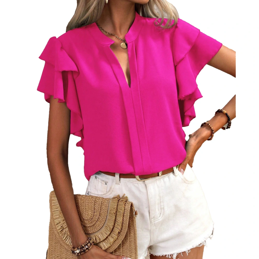 Women Blouse V Neck Double Layered Ruffle Sleeve Pure Color Casual Shirt Top for Summer Rose Red XL