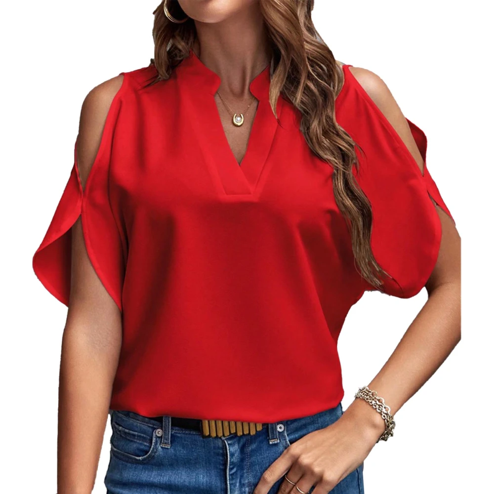 Women Cold Shoulder Blouse V Neck Solid Color Casual Loose Elegant Short Sleeve Summer Blouse Red S