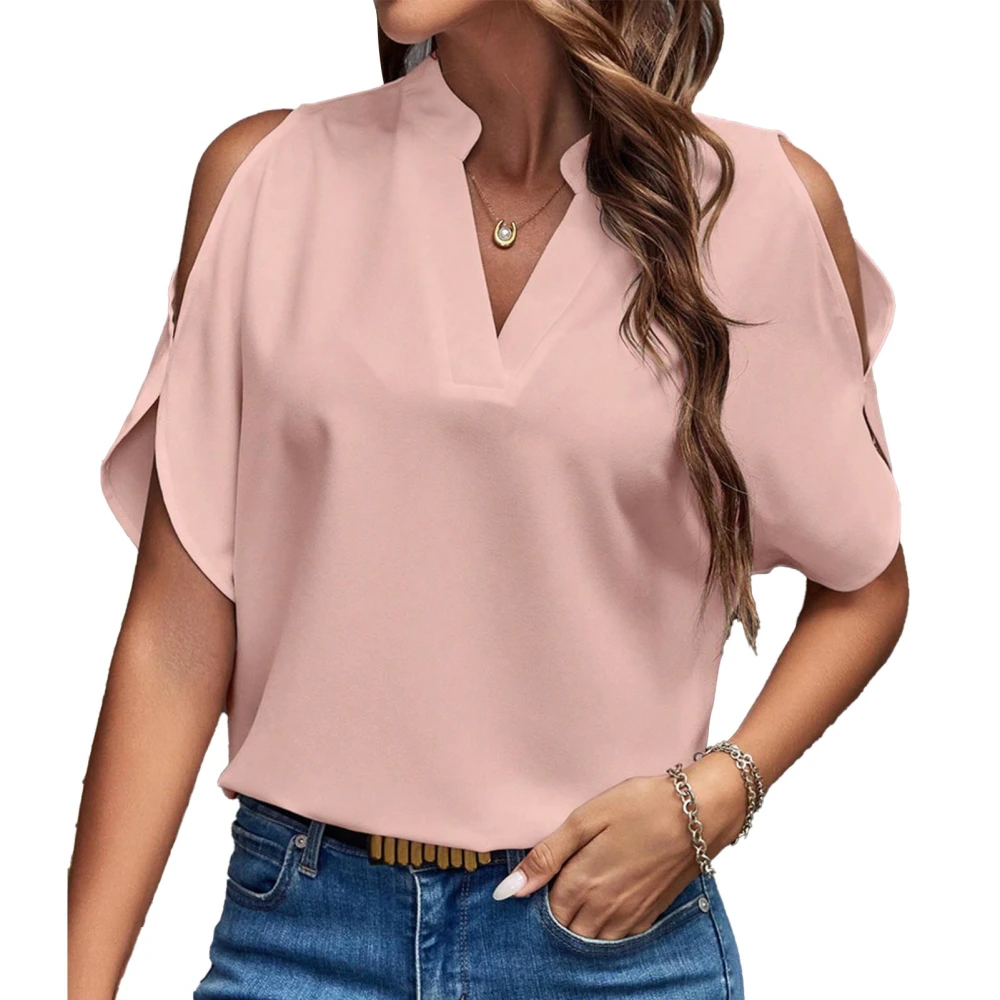 Women Cold Shoulder Blouse V Neck Solid Color Casual Loose Elegant Short Sleeve Summer Blouse Pink XXL