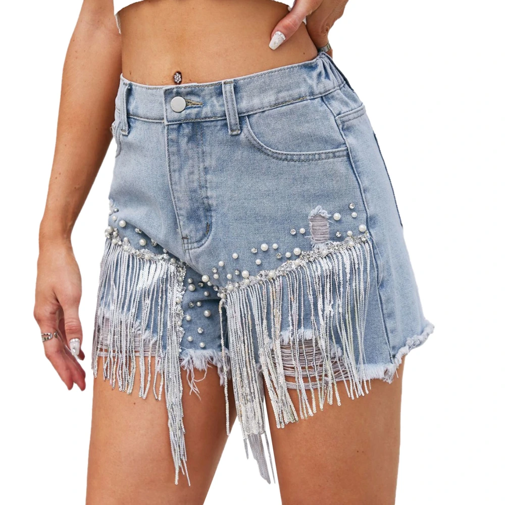 Women Casual Shorts Polyester Comfortable Soft Rhinestone Beaded Fringe Shorts for Shopping Blue S