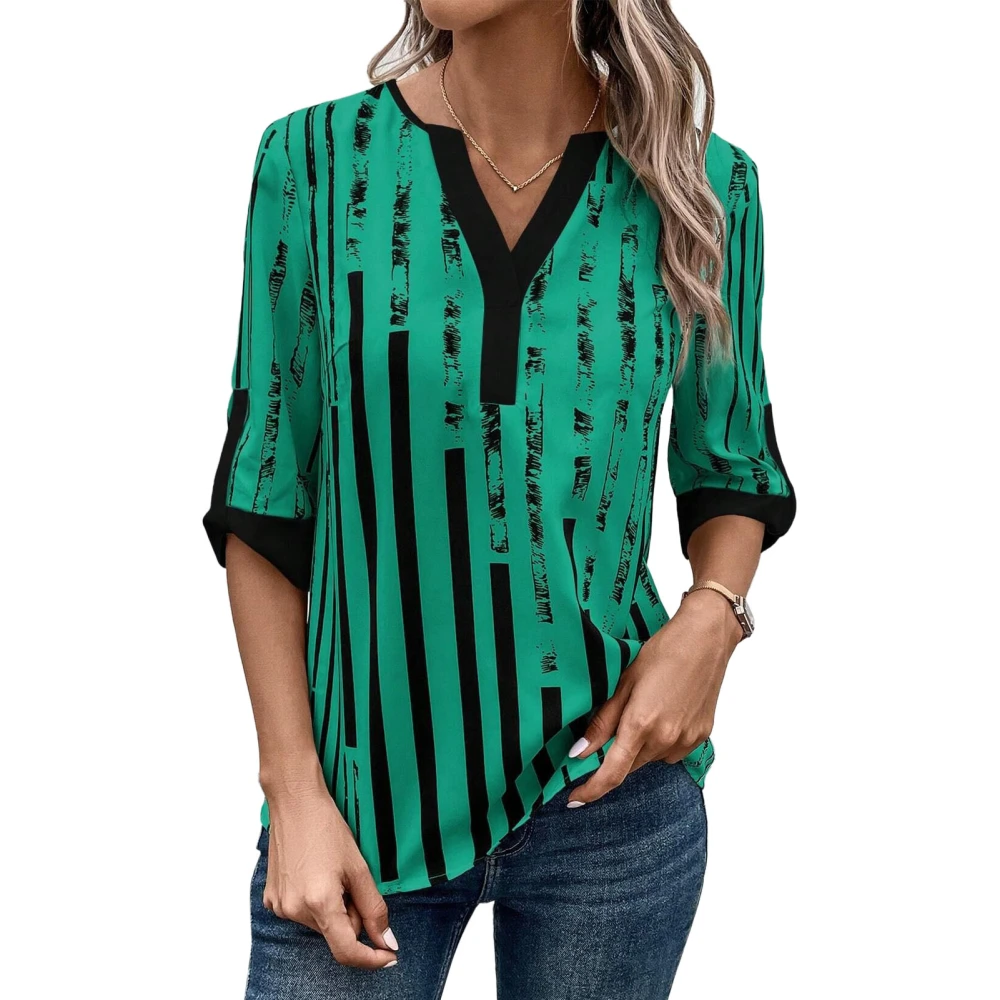 Stripe Printed V Neckline Blouse Color Block Half Sleeve Stripe Blouse Shirt for Women Green M