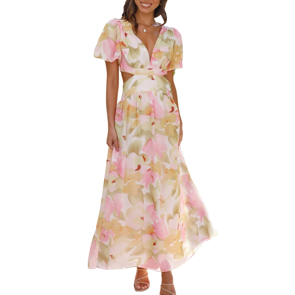 Women V Neck Maxi Dress Flower Printing Waist Hollow Out Short Puff Sleeves Dress for Daily Wear White with Pink Flower S