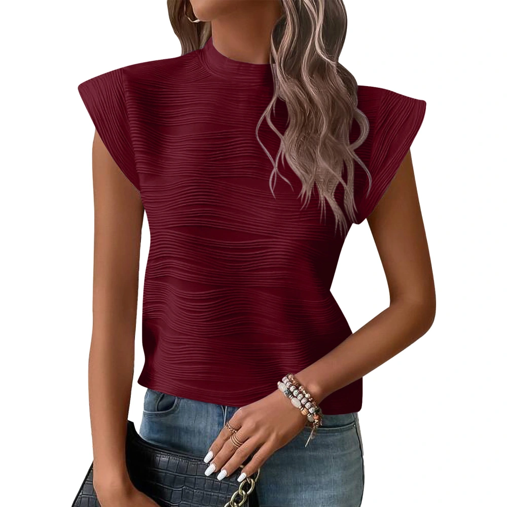 Wave Textured High Neck Blouse Plain Color Button Casual Fitted Sleeveless Wavy Tank for Summer Burgundy XXL