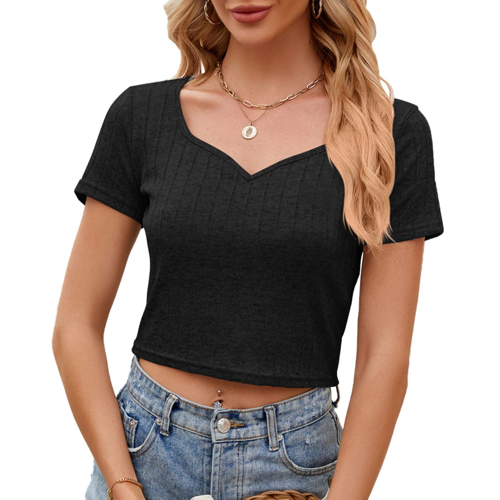 Women V Neck T Shirt Short Sleeves Line Jacquard Casual Slim Fit Short Blouse for Summer Black XL