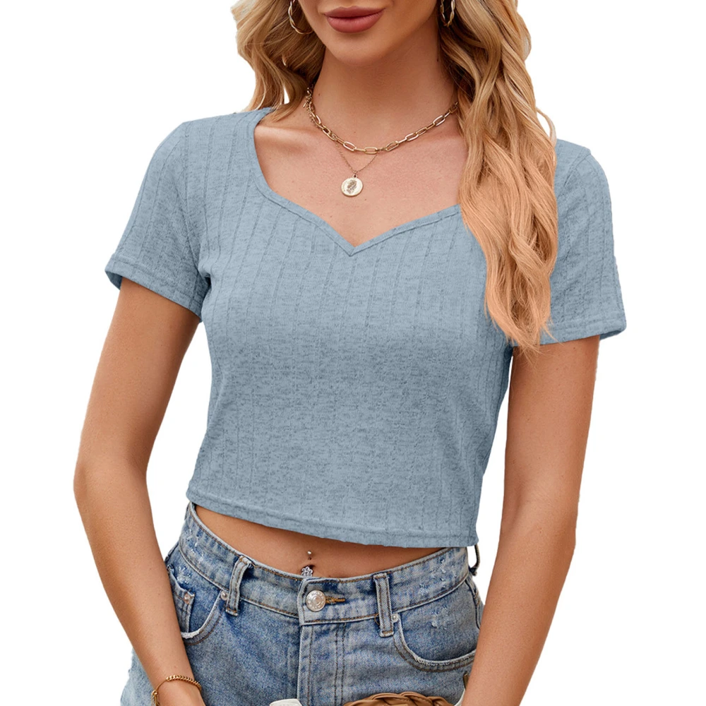 Women V Neck T Shirt Short Sleeves Line Jacquard Casual Slim Fit Short Blouse for Summer Light Blue M