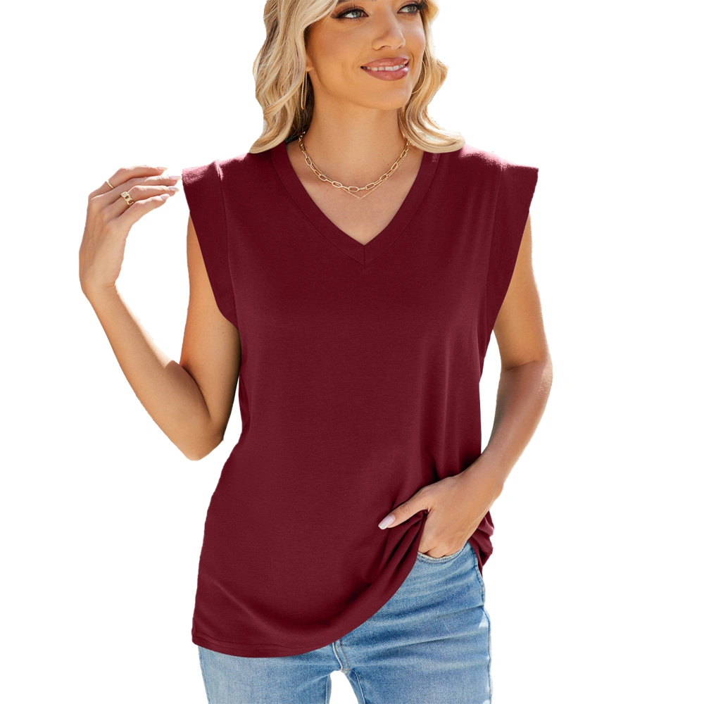 Women V Neck Tank Top Pure Color Loose Fitting Casual Sleeveless Top for Summer Wear Burgundy M