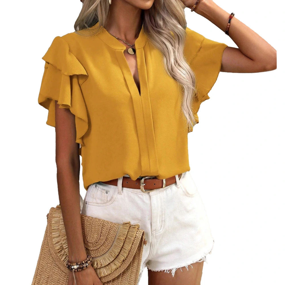 Women Blouse V Neck Double Layered Ruffle Sleeve Pure Color Casual Shirt Top for Summer Sunflower L