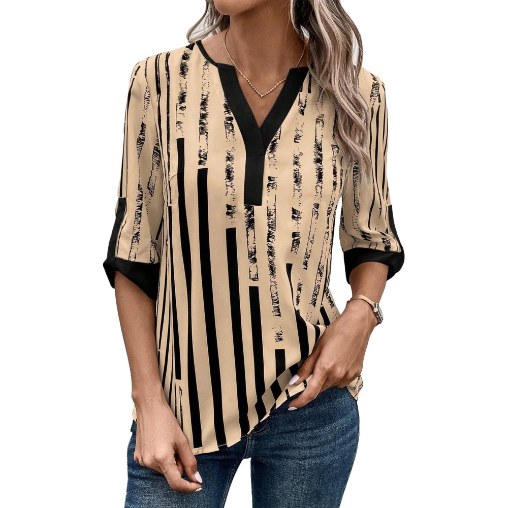 Stripe Printed V Neckline Blouse Color Block Half Sleeve Stripe Blouse Shirt for Women Apricot XXL