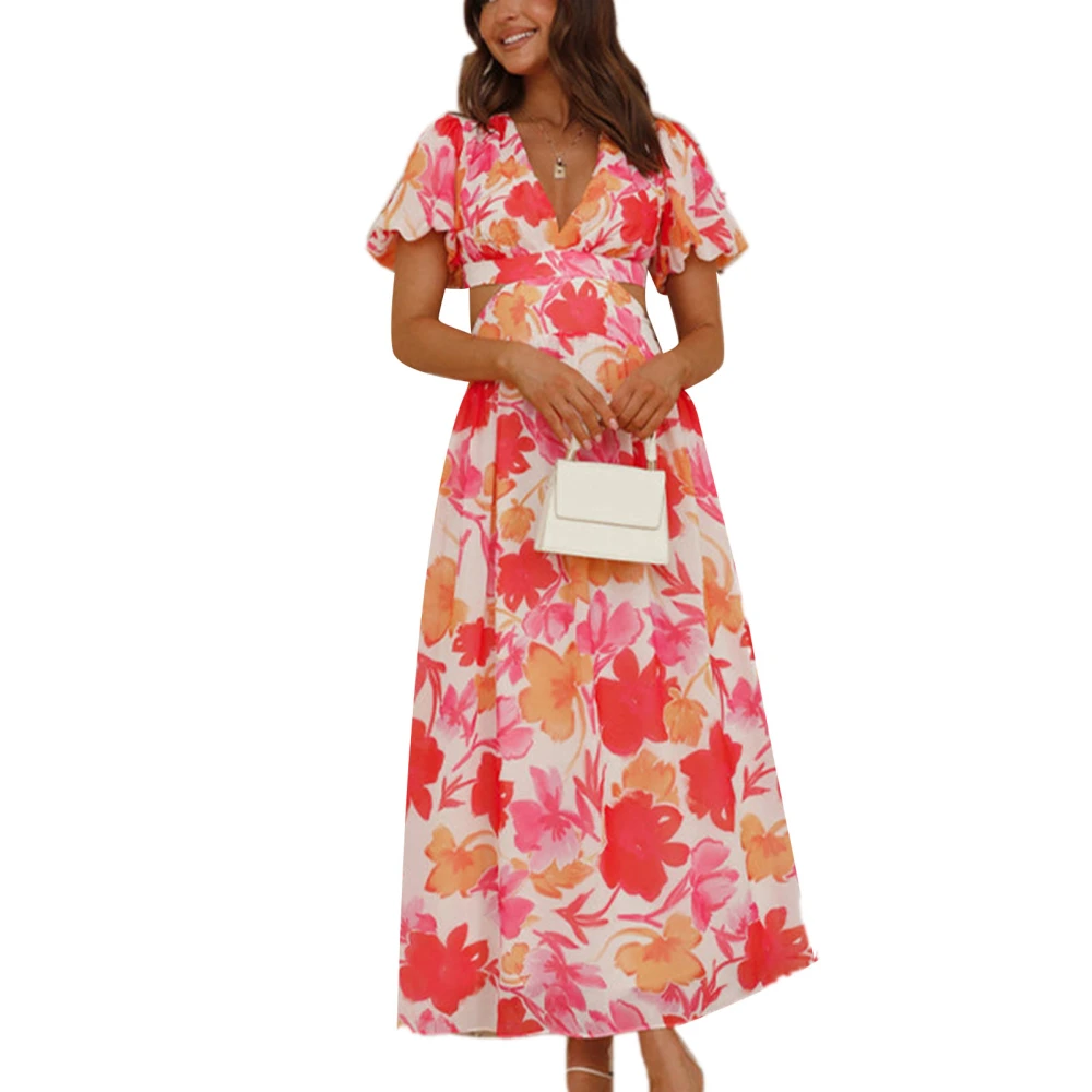 Women V Neck Maxi Dress Flower Printing Waist Hollow Out Short Puff Sleeves Dress for Daily Wear White with Red Flower M