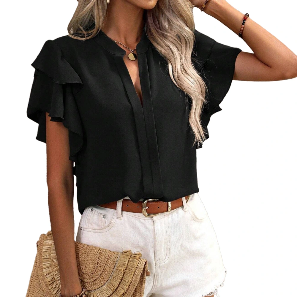 Women Blouse V Neck Double Layered Ruffle Sleeve Pure Color Casual Shirt Top for Summer Black XL