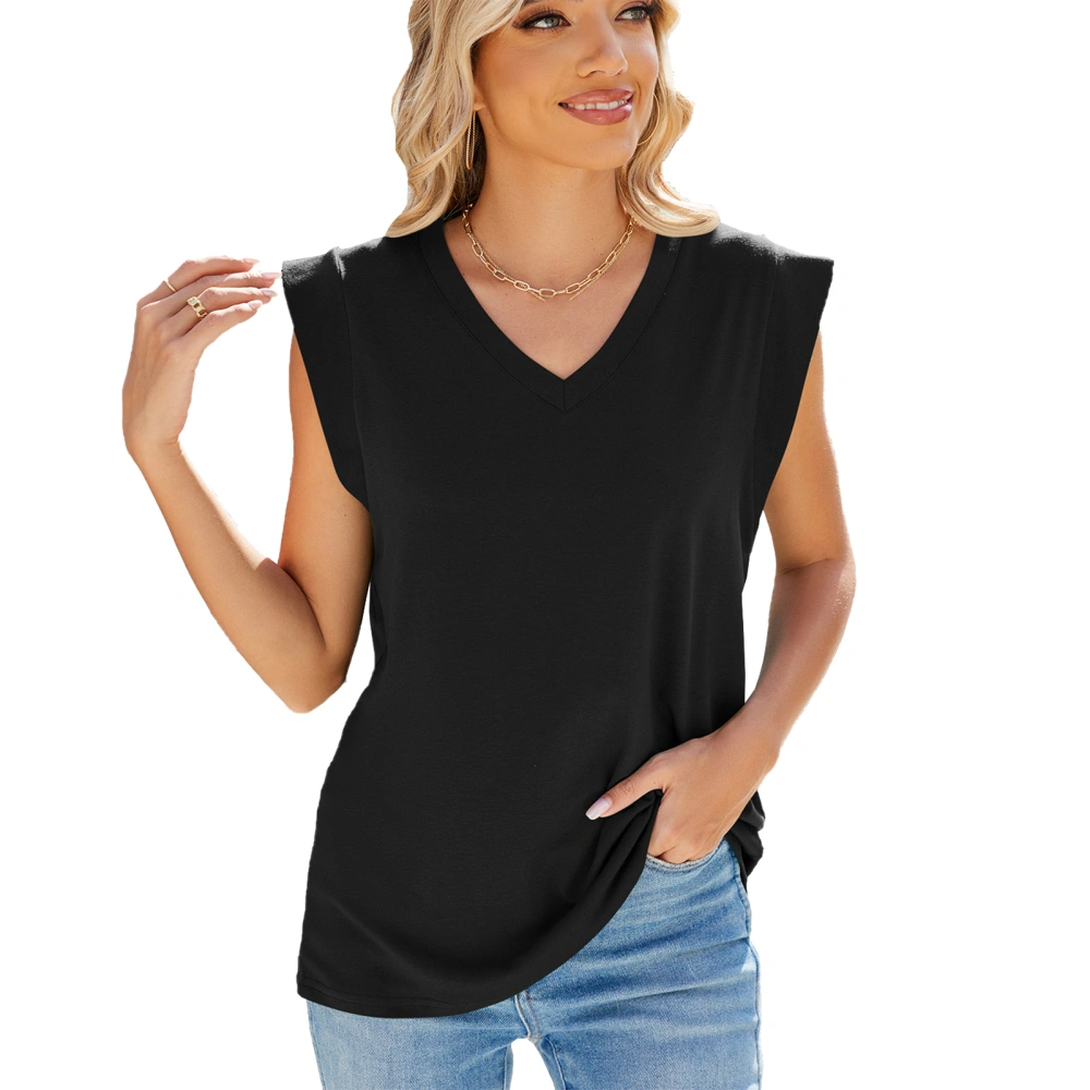 Women V Neck Tank Top Pure Color Loose Fitting Casual Sleeveless Top for Summer Wear Black M