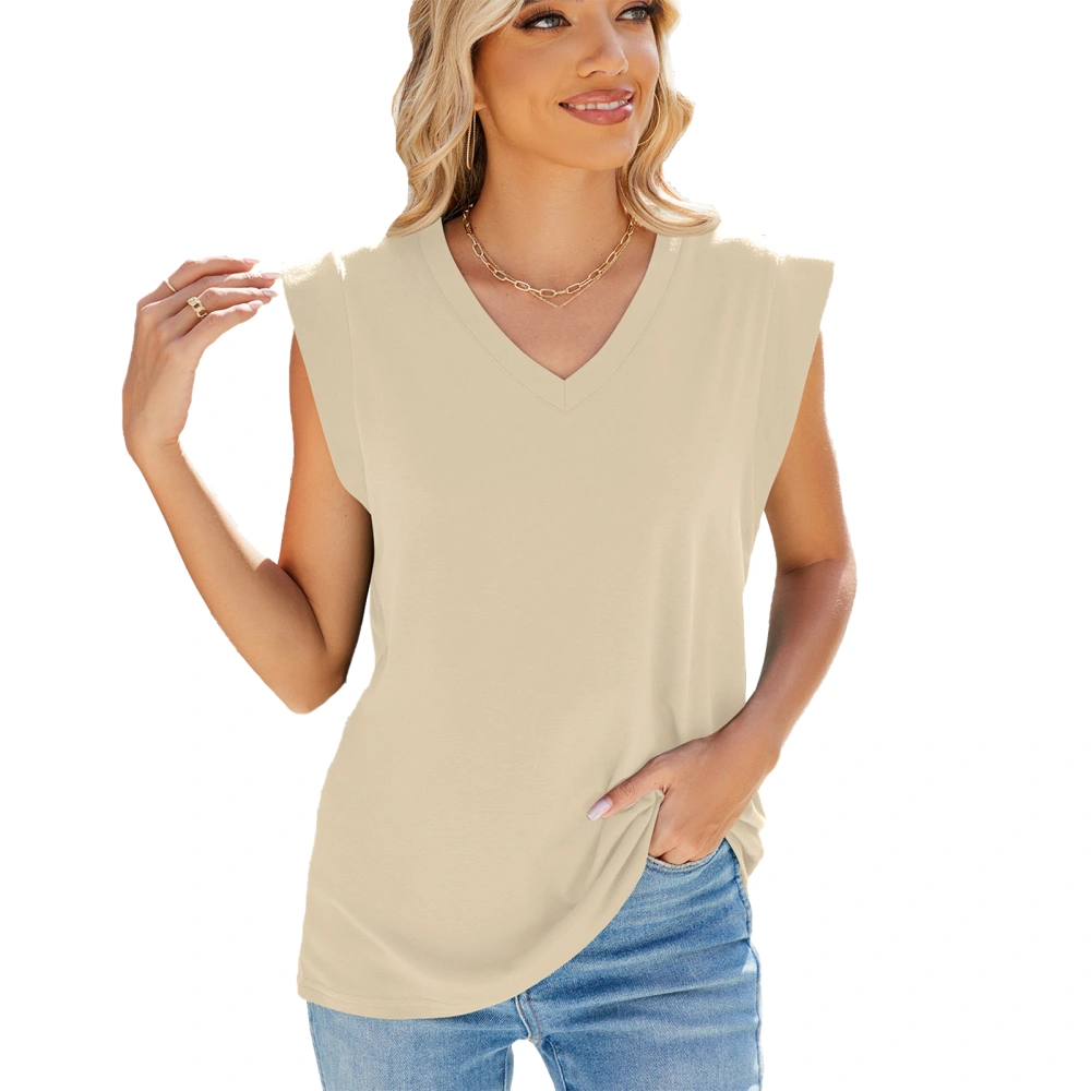 Women V Neck Tank Top Pure Color Loose Fitting Casual Sleeveless Top for Summer Wear Apricot L