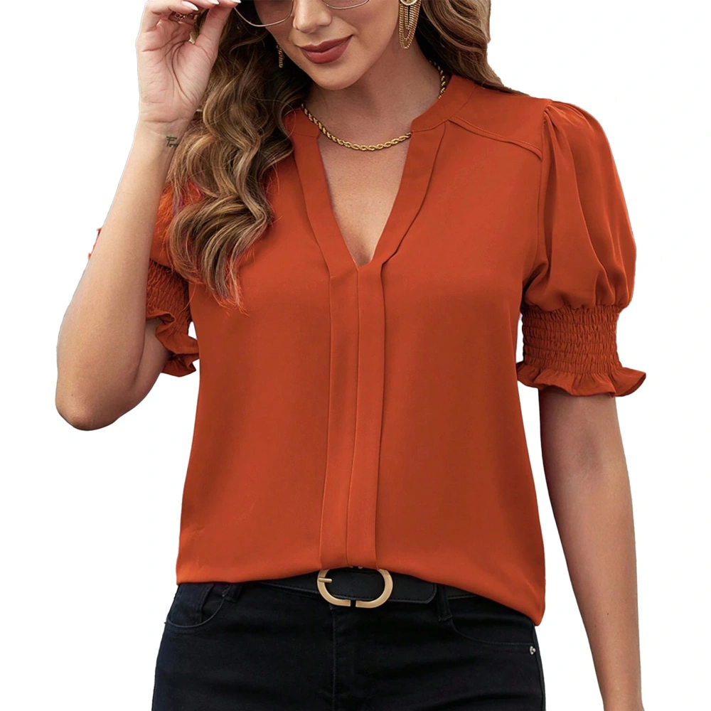 Women Short Puff Sleeves Shirt V Neck Shirred Cuffs Pure Casual Loose Fit Blouses for Summer Orange M