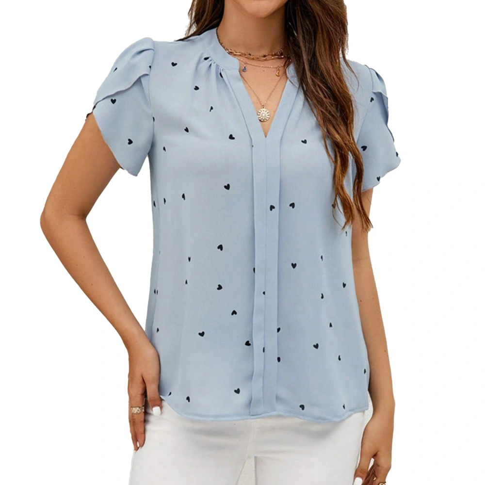 Short Petal Sleeve Blouse Heart Printed Basic V Neckline Petal Sleeve Blouse Top for Women Light Blue XL