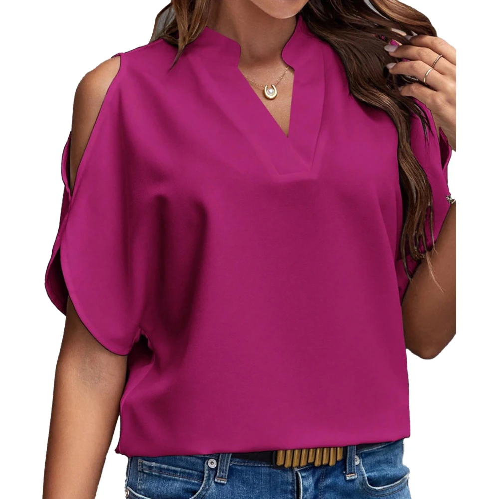 Women Cold Shoulder Blouse V Neck Solid Color Casual Loose Elegant Short Sleeve Summer Blouse Purple Red L