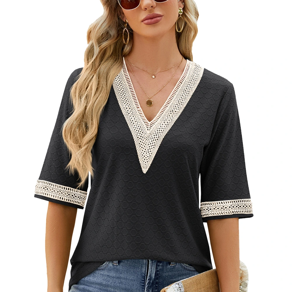 Women Short Sleeve V Neck Elegant Lace Casual Loose Half Sleeve Top for Party Shopping Office Black S