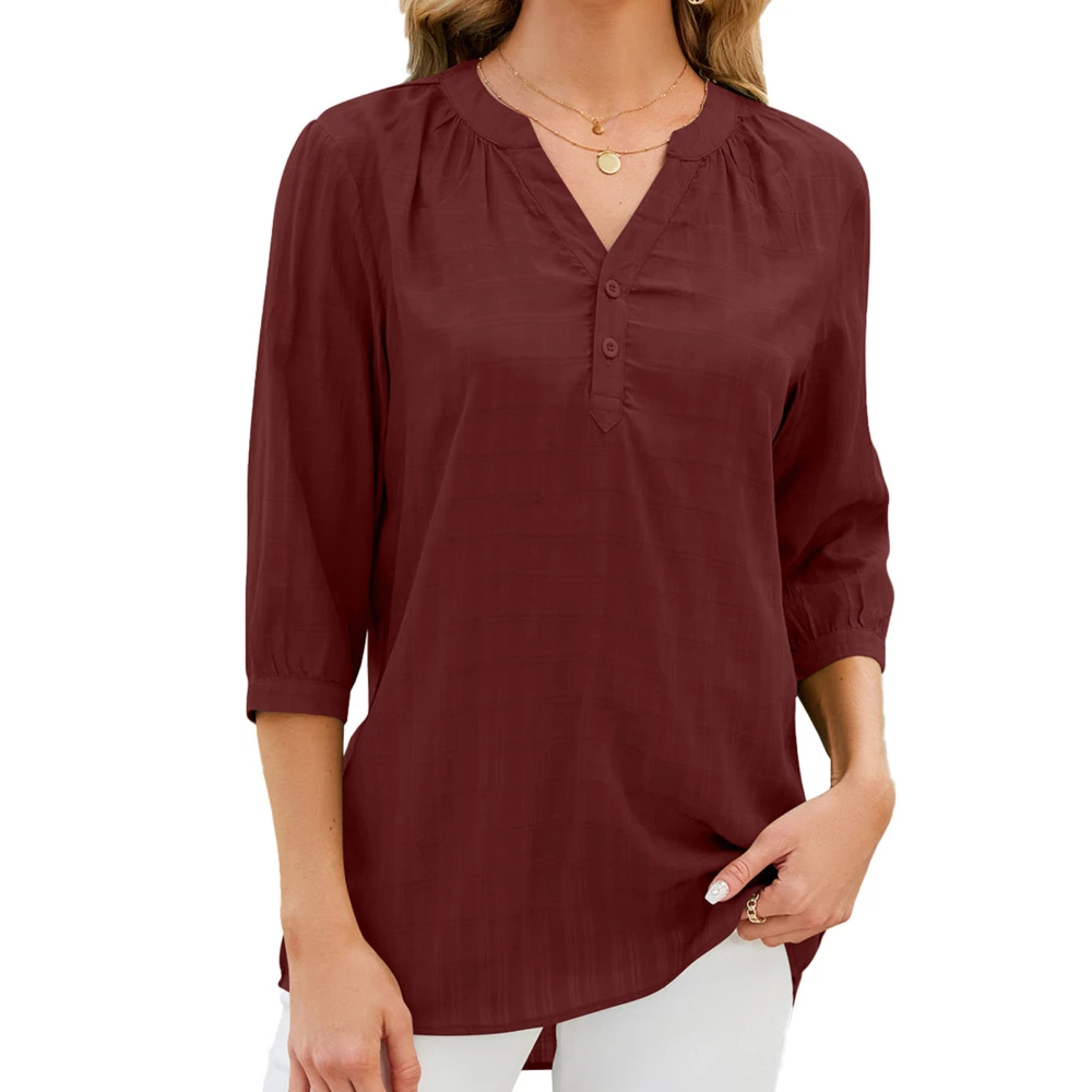 Woman 3/4 Sleeve V Neck T Shirt Solid Color Casual Loose Fit Basic Tunic Blouse for Daily Wear Vacation Shopping Wine Red S