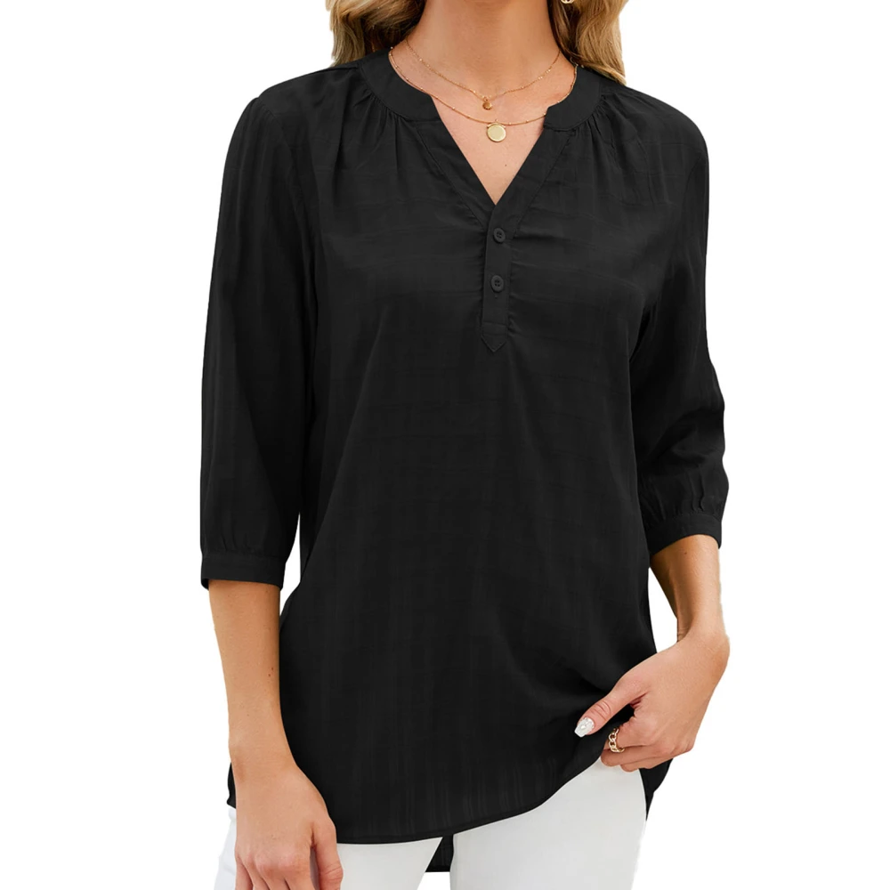 Woman 3/4 Sleeve V Neck T Shirt Solid Color Casual Loose Fit Basic Tunic Blouse for Daily Wear Vacation Shopping Black XL