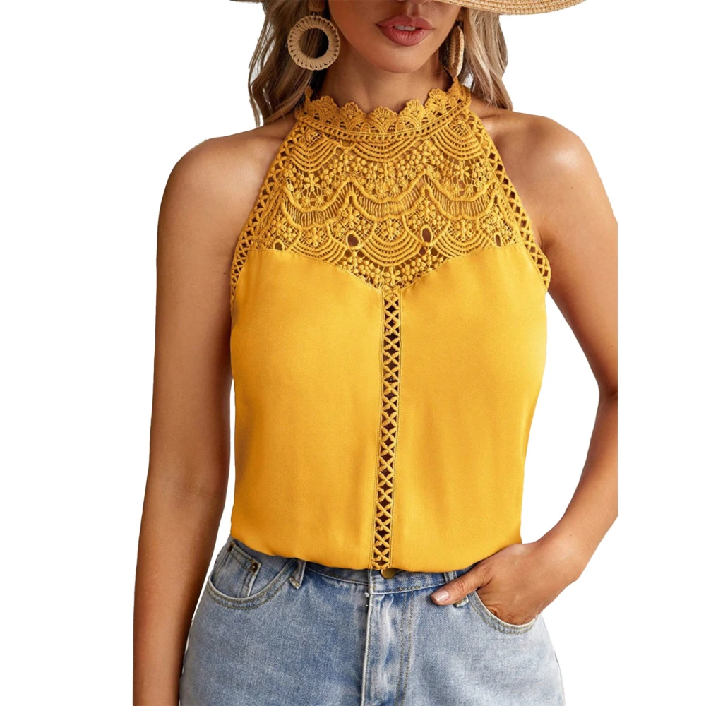 Women Camisole Fashion Hollow Lace Tops Breathable Cool Machine Washable Polyester Yellow S