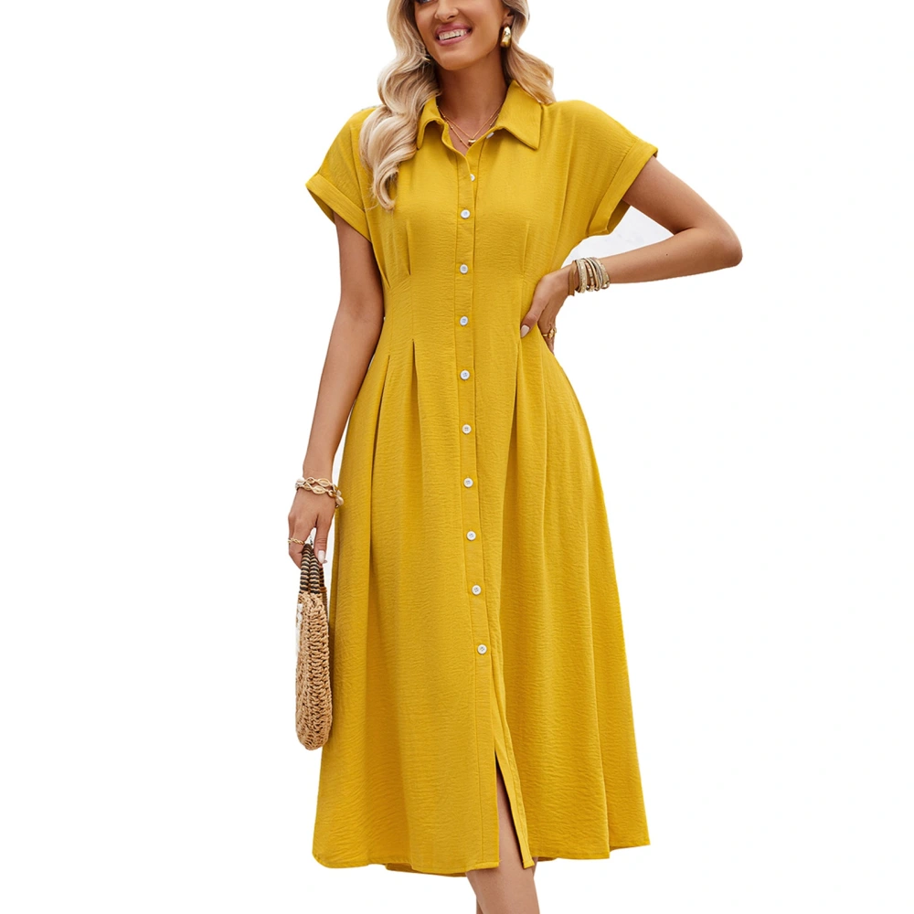 Turn Down Collar Short Sleeve Dress Pure Color Fashionable Womens Dresses Button Down for Summer Daily Wear Yellow S