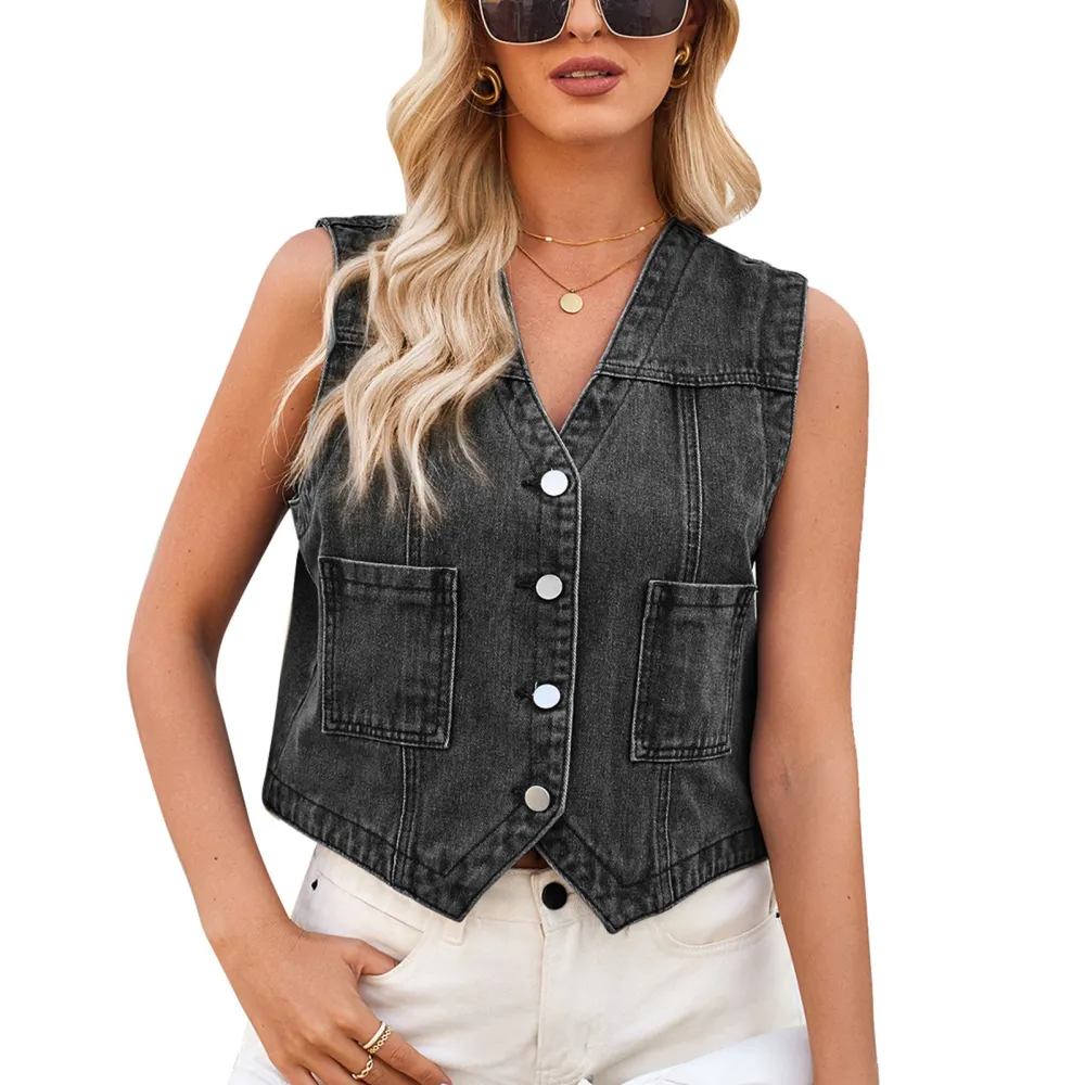 Women Button Down Waistcoat Jacket Slim Fit Sleeveless V Neck Short Vest Top Retro Streetwear Black Gray S