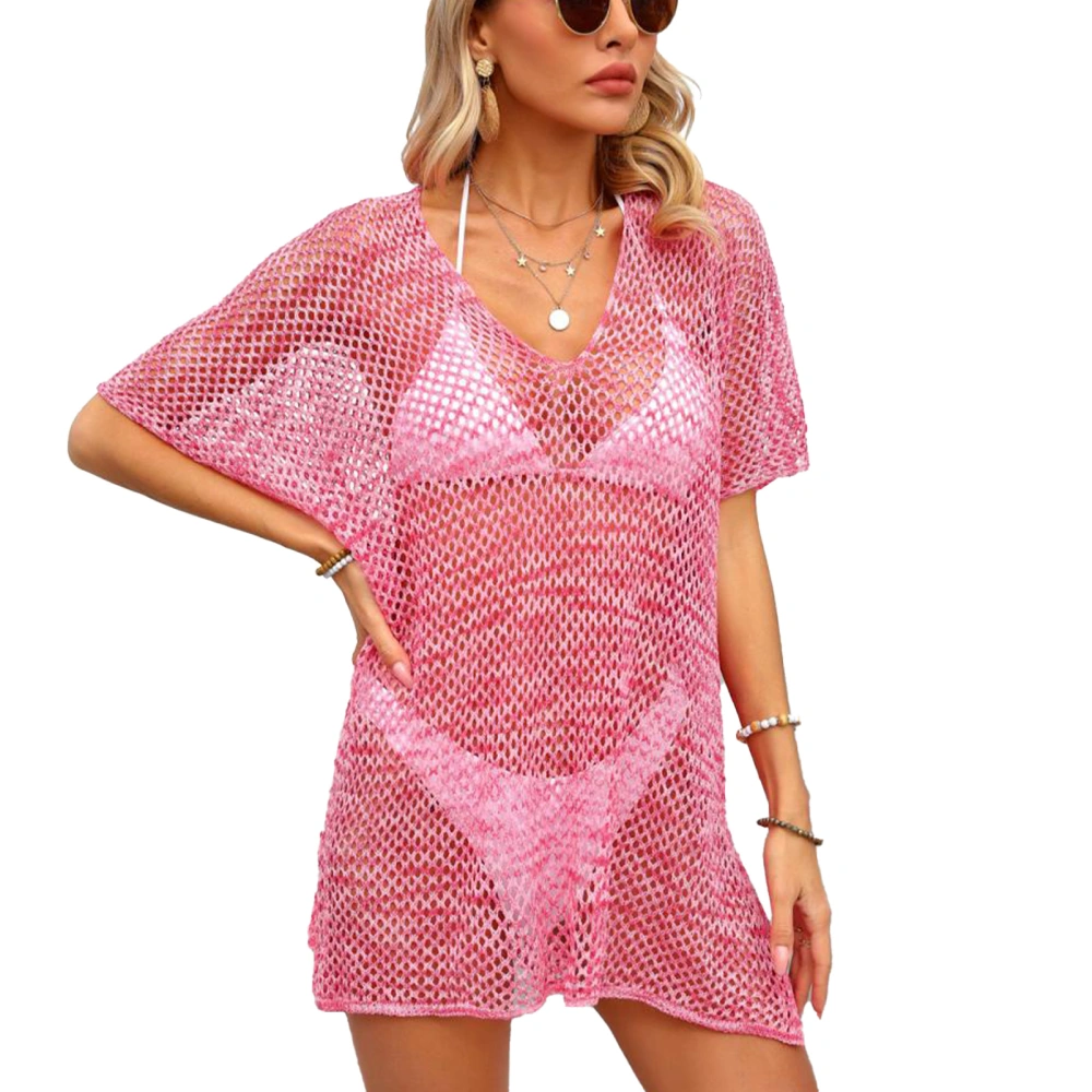 Crochet Beach Cover Up Short Sleeve Hollow Out V Neck Gradient Color UV Protection Bathing Suit Cover Up Rose Red F Size