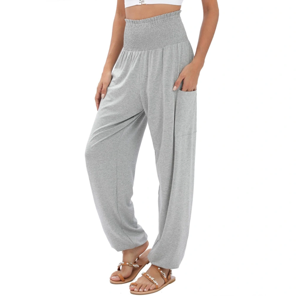 Women Flowy Yoga Joggers Casual Loose Tapered Cuff Shirred High Waisted Lounge Pants with Side Pockets Gray Flower L