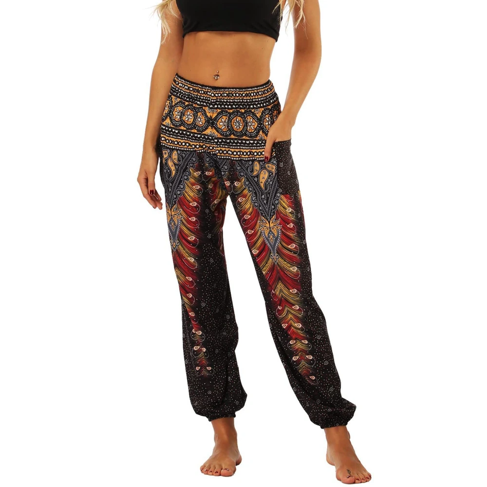 Women Flowy Yoga Joggers Casual Loose Tapered Cuff Shirred High Waisted Lounge Pants with Side Pockets Colorful Feather Black Background S