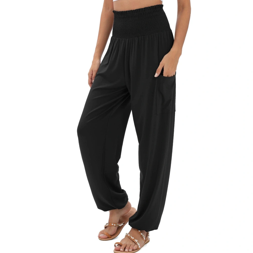 Women Flowy Yoga Joggers Casual Loose Tapered Cuff Shirred High Waisted Lounge Pants with Side Pockets Black M