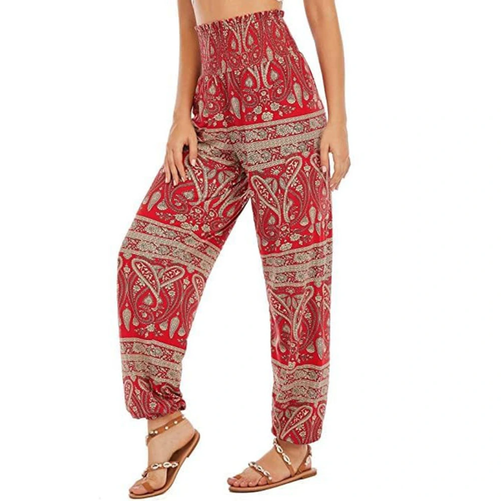 Women Flowy Yoga Joggers Casual Loose Tapered Cuff Shirred High Waisted Lounge Pants with Side Pockets Red Totem XXL