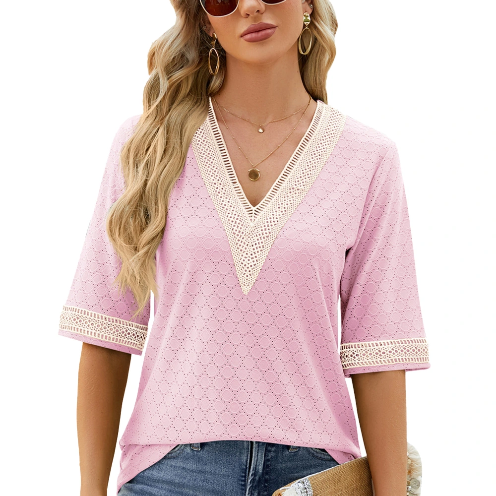 Women Short Sleeve V Neck Elegant Lace Casual Loose Half Sleeve Top for Party Shopping Office Pink XL