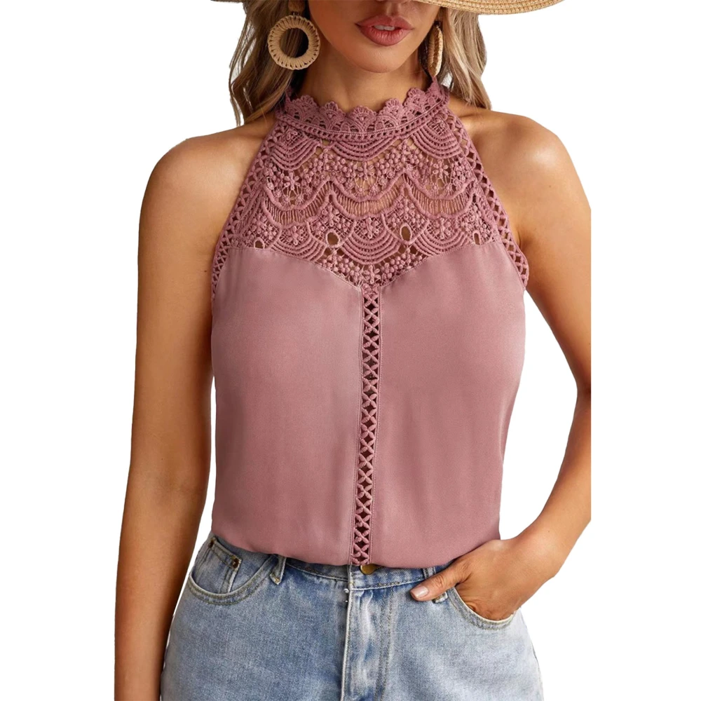 Women Camisole Fashion Hollow Lace Tops Breathable Cool Machine Washable Polyester Pink XL