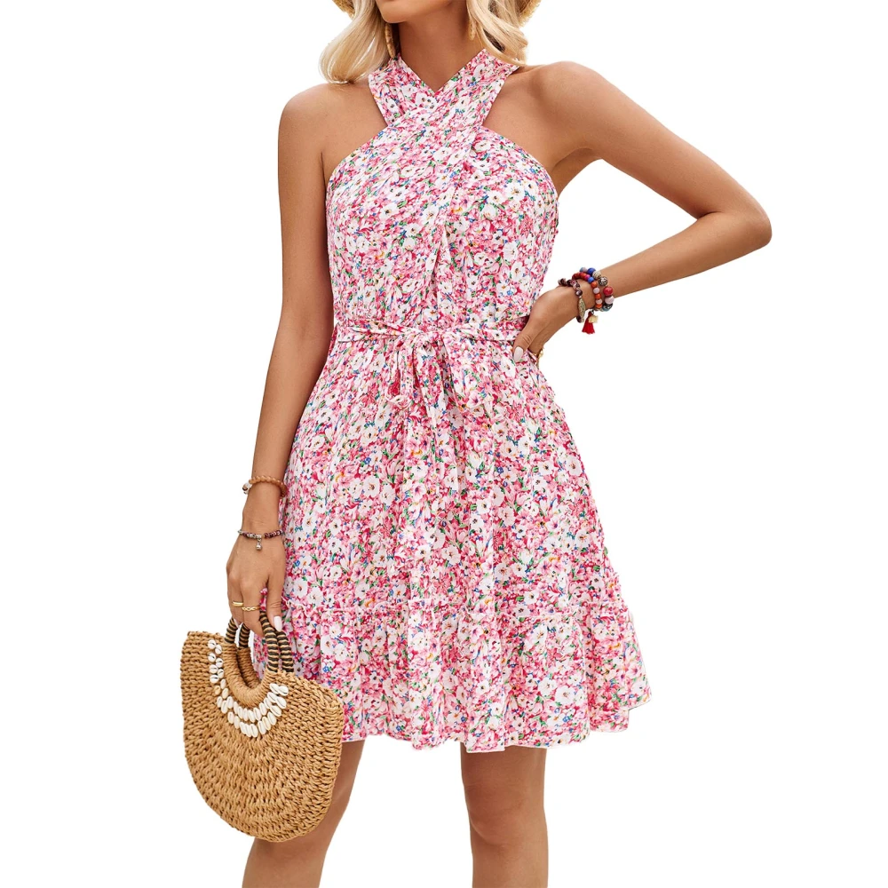 Women Floral Print Dress Criss Cross Halter Sleeveless Backless Tie Waist Off Shouder Floral Dress for Spring Summer Pink L