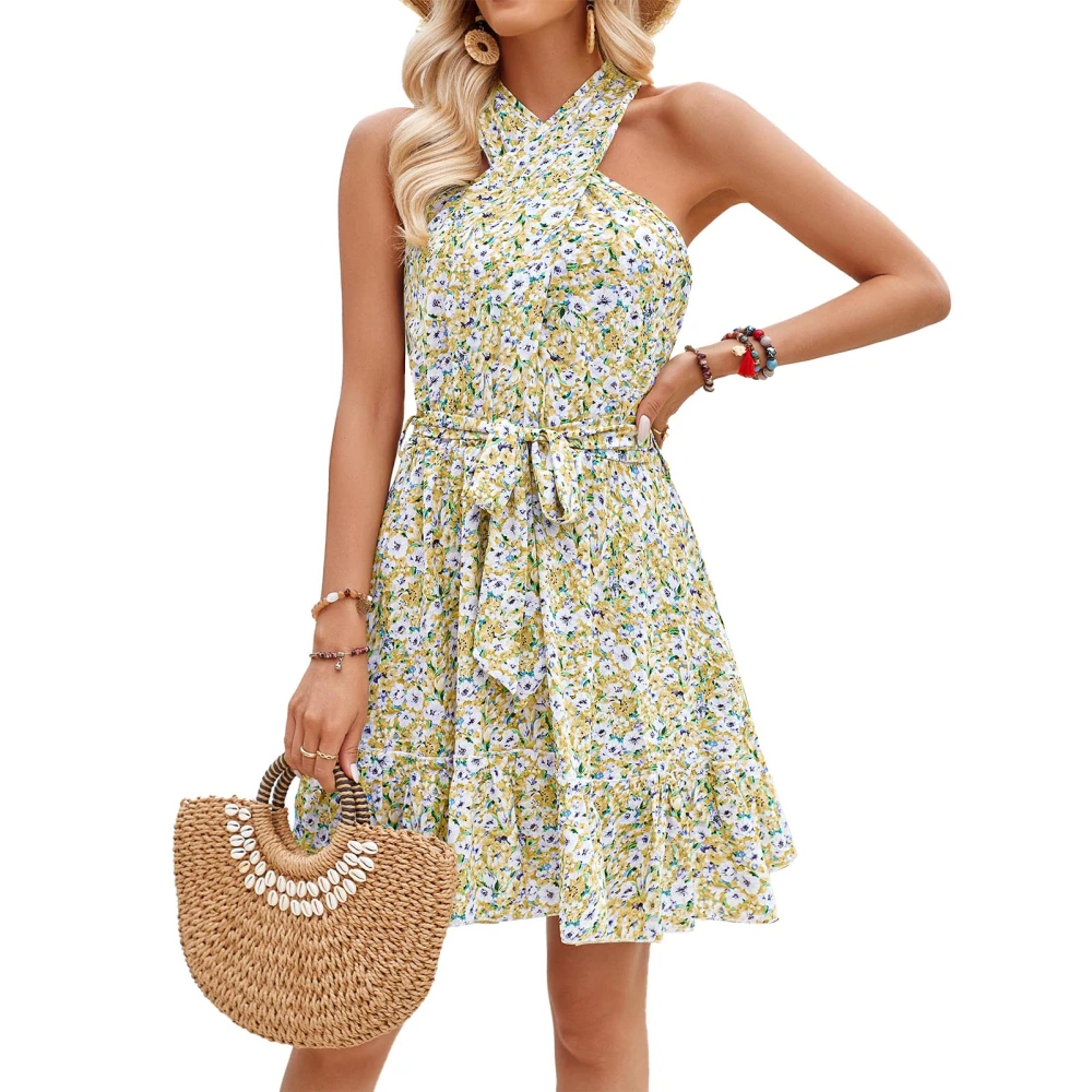 Women Floral Print Dress Criss Cross Halter Sleeveless Backless Tie Waist Off Shouder Floral Dress for Spring Summer Yellow M