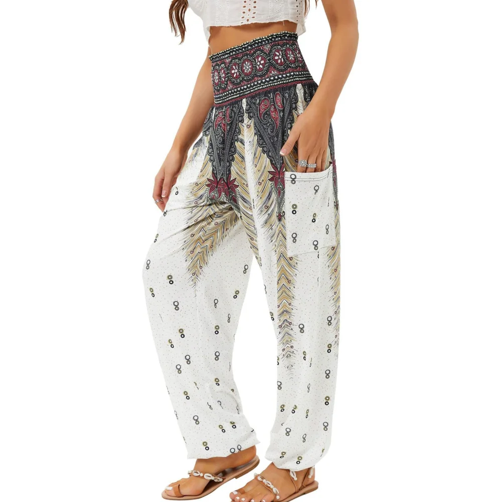 Women Flowy Yoga Joggers Casual Loose Tapered Cuff Shirred High Waisted Lounge Pants with Side Pockets White Feather XL