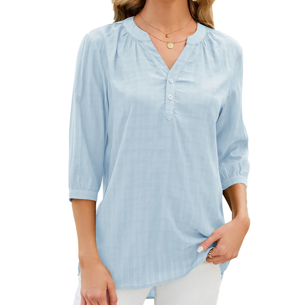 Woman 3/4 Sleeve V Neck T Shirt Solid Color Casual Loose Fit Basic Tunic Blouse for Daily Wear Vacation Shopping Sky Blue XL