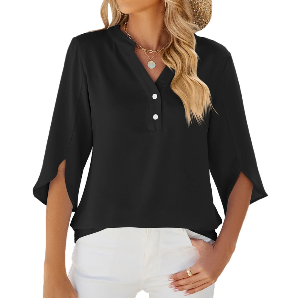 Women Half Sleeve Shirt Pure Color V Neck Loose Fit Comfortable Casual Blouse for Work Parties Travel Black XL