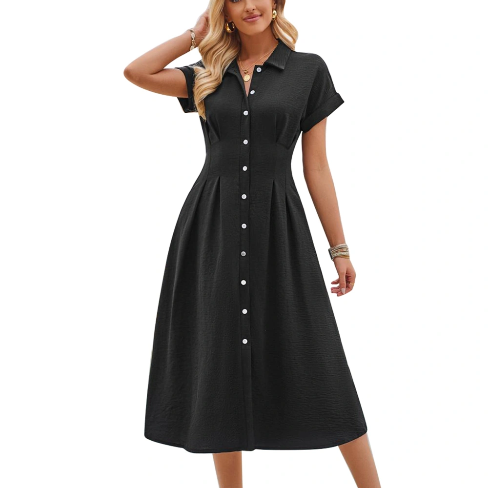 Turn Down Collar Short Sleeve Dress Pure Color Fashionable Womens Dresses Button Down for Summer Daily Wear Black S