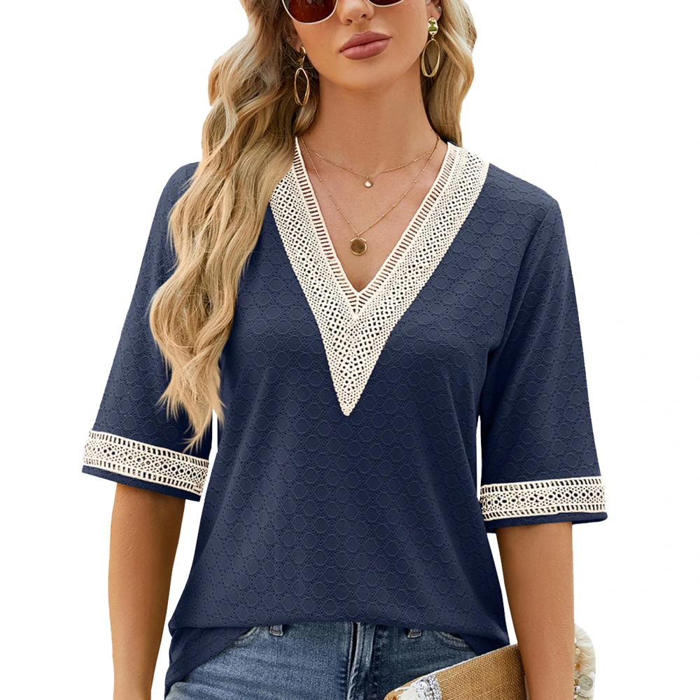 Women Short Sleeve V Neck Elegant Lace Casual Loose Half Sleeve Top for Party Shopping Office Navy Blue L