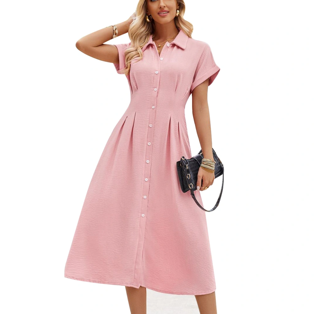 Turn Down Collar Short Sleeve Dress Pure Color Fashionable Womens Dresses Button Down for Summer Daily Wear Pink L