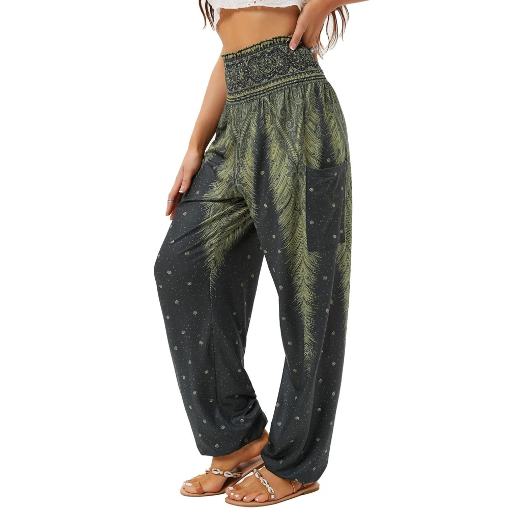 Women Flowy Yoga Joggers Casual Loose Tapered Cuff Shirred High Waisted Lounge Pants with Side Pockets Green Feather Black Background XXL