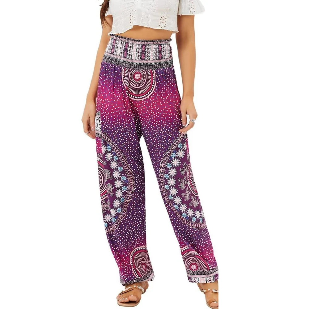 Women Flowy Yoga Joggers Casual Loose Tapered Cuff Shirred High Waisted Lounge Pants with Side Pockets Purple Totem XXL