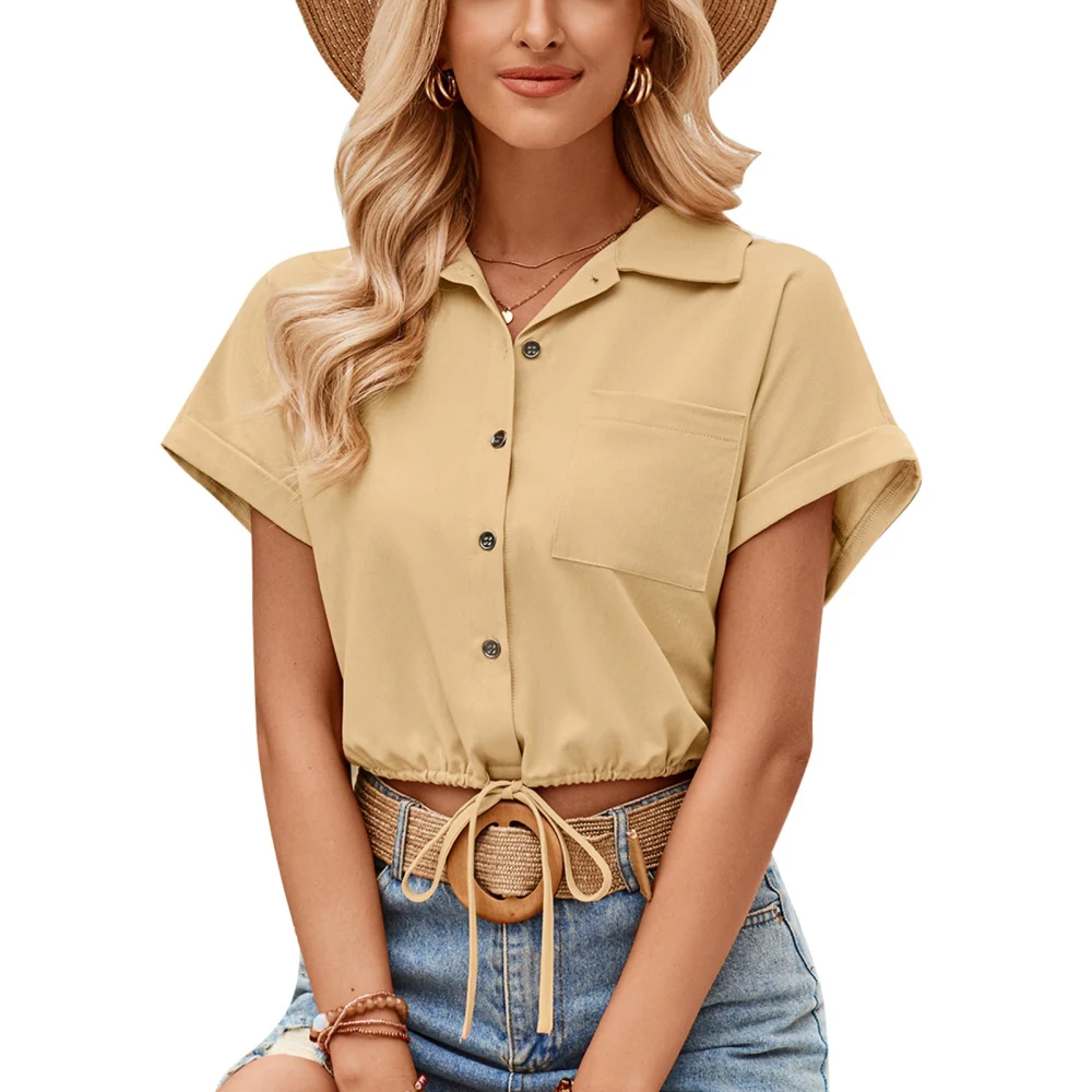 Blouse Plain Turn Down Collar Short Sleeve Button Down Cropped Shirt Top for Party Shopping Holiday Daily Apricot XL