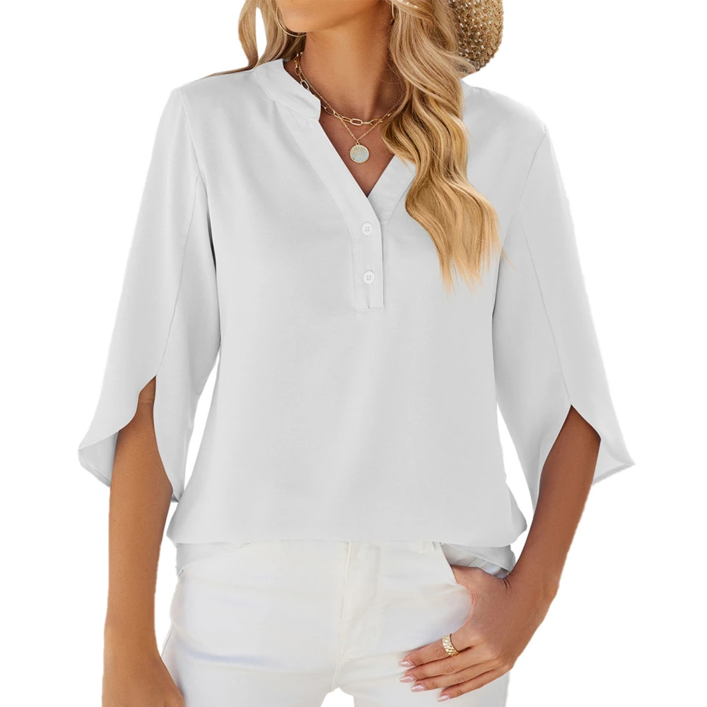 Women Half Sleeve Shirt Pure Color V Neck Loose Fit Comfortable Casual Blouse for Work Parties Travel White S