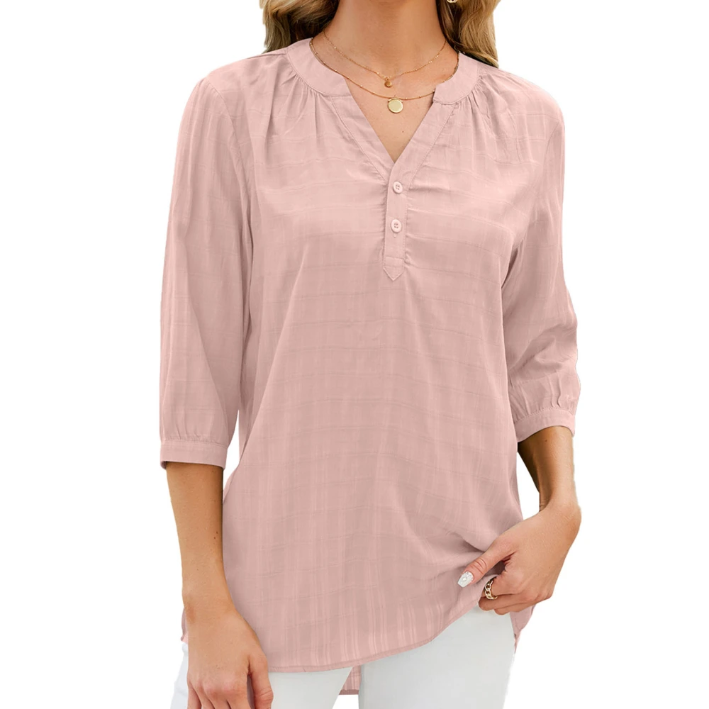 Woman 3/4 Sleeve V Neck T Shirt Solid Color Casual Loose Fit Basic Tunic Blouse for Daily Wear Vacation Shopping Pink M